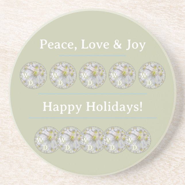 Personalized White Daisy Green Blue Holiday Floral Coaster (Front)