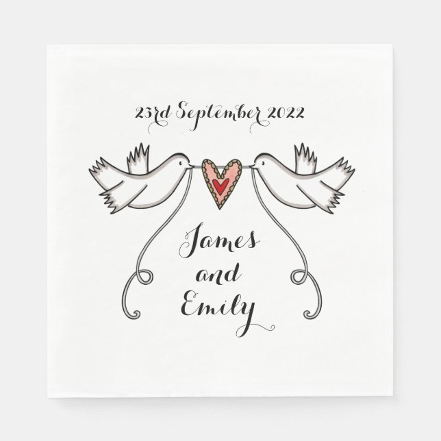 Personalized White Doves and Love Heart Wedding Napkin (Front)