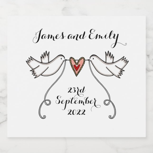 Personalized White Doves Wedding Bottle Labels (Single Label)