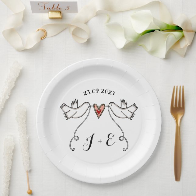 Personalized White Doves Wedding Food Paper Plate (Wedding)