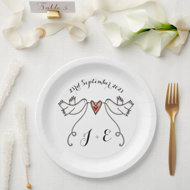 Personalized White Doves Wedding Food Paper Plate (Wedding)