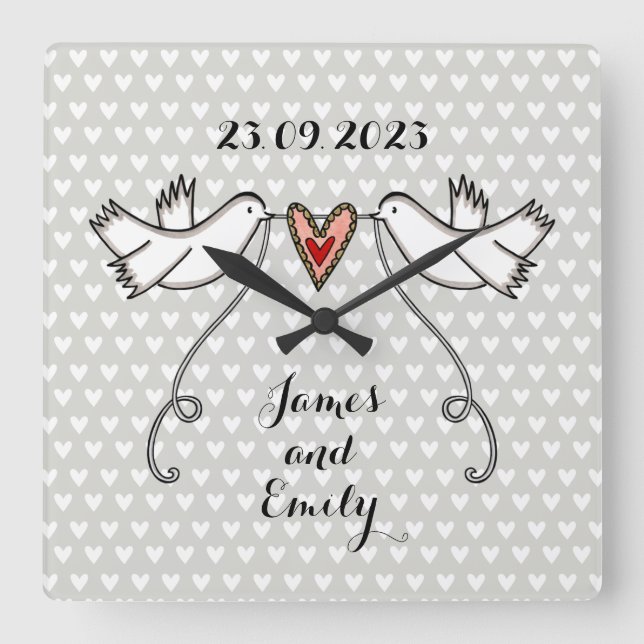 Personalized White Doves Wedding Gift Acrylic  Square Wall Clock (Front)