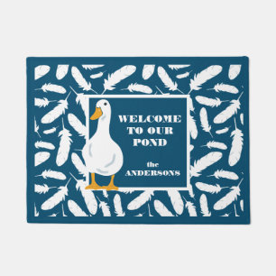 Personalized White Duck and Feathers Navy Blue Doormat