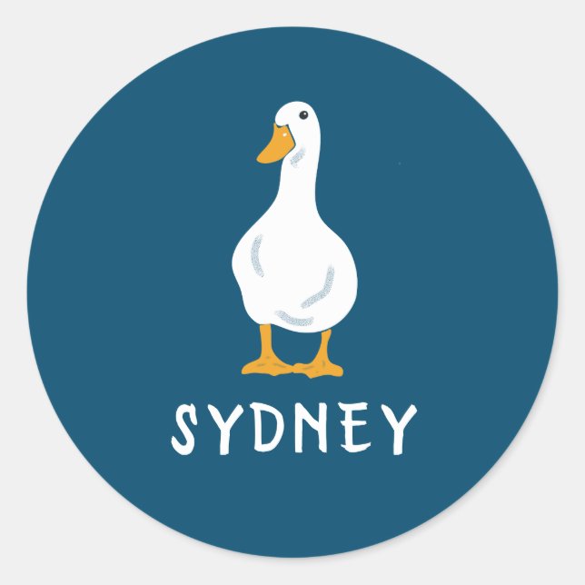Personalized White Duck Illustration Navy Blue Classic Round Sticker (Front)