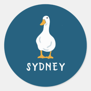 Personalized White Duck Illustration Navy Blue Classic Round Sticker