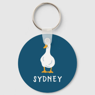 Personalized White Duck Illustration Navy Blue Keychain