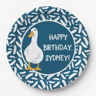 Personalized White Duck Illustration Navy Blue Paper Plate