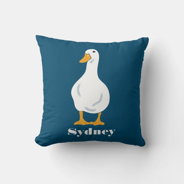Personalized White Duck Illustration with Feathers Throw Pillow (Front)