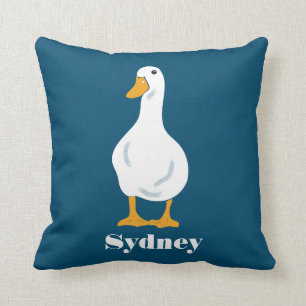 Personalized White Duck Illustration with Feathers Throw Pillow