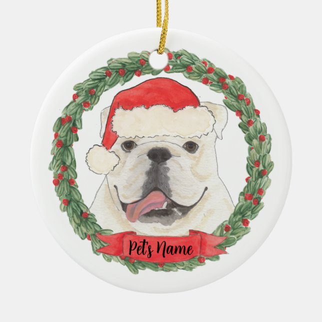 Personalized White English Bulldog Christmas Ceramic Ornament (Front)