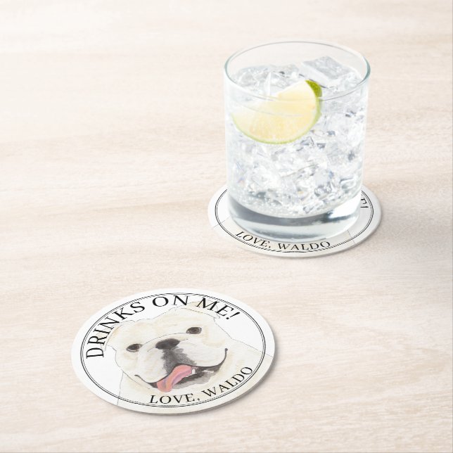 Personalized White English Bulldog Dog Wedding Round Paper Coaster (Insitu)