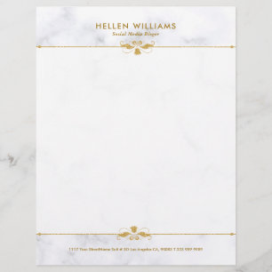 Personalized White Faux Marble Gold Floral Accent Letterhead