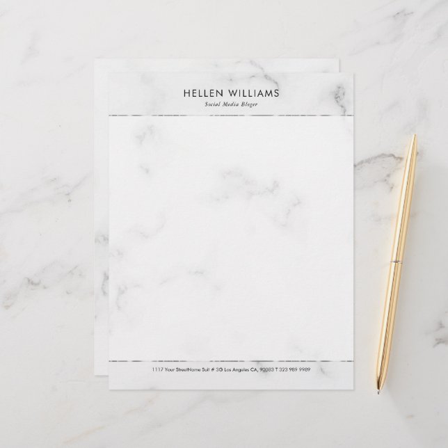 Personalized white faux marble Silver Accent Letterhead (Front/Back In Situ)