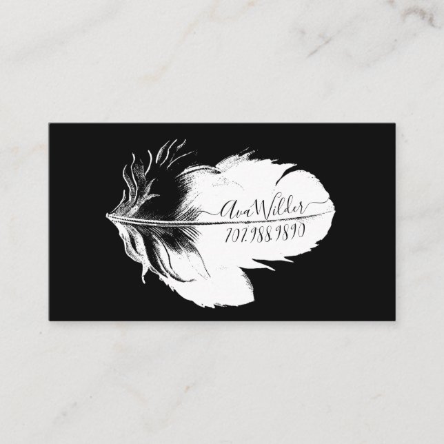 Personalized White Feather On Black Calling Card (Front)