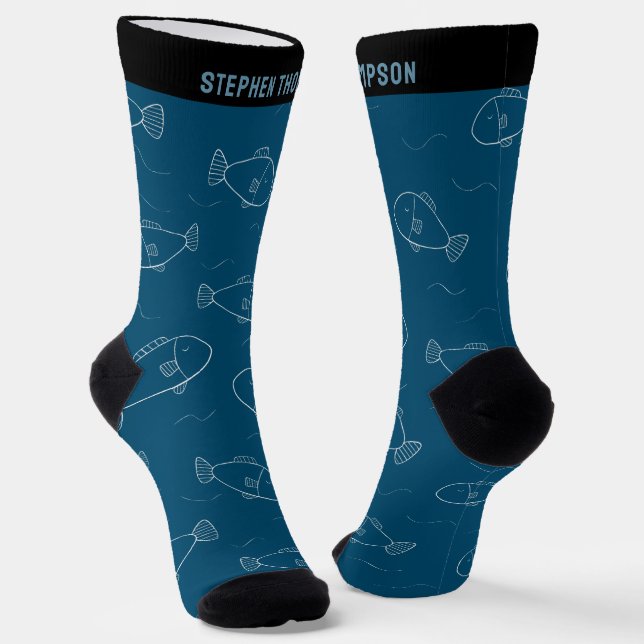 Personalized White Fish Print with Name Ocean Blue Socks (Angled)