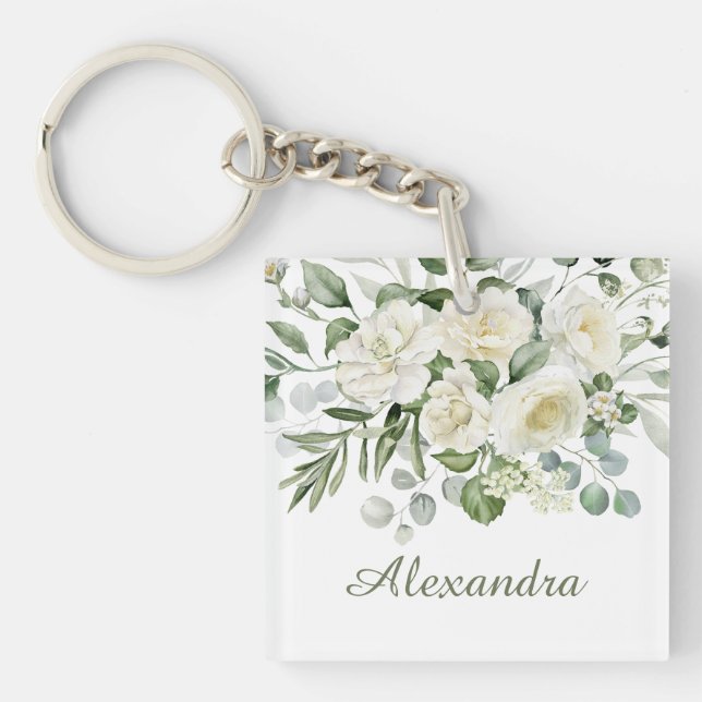 Personalized White Floral Bridesmaid Gift  Keychain (Front)