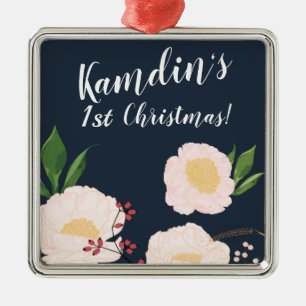 Personalized White Floral Flowers on Dark Blue Metal Ornament