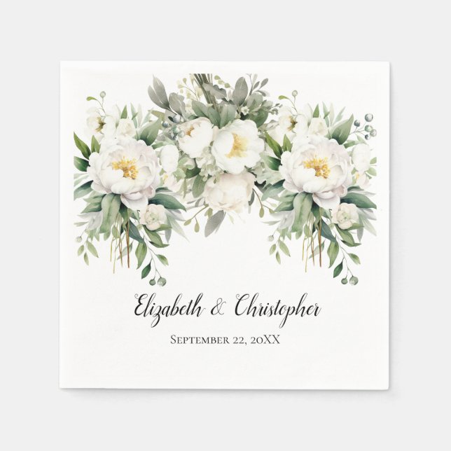 Personalized White Floral Greenery Wedding  Napkin (Front)