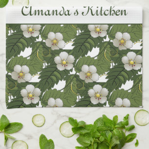 Personalized White Floral Kitchen Towel