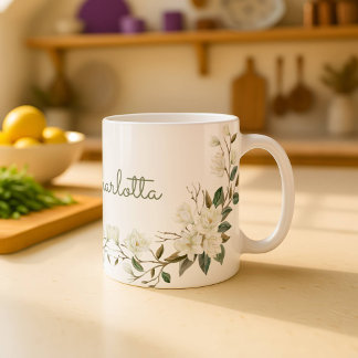 Personalized White Floral Mug, Elegant Custom Name Coffee Mug