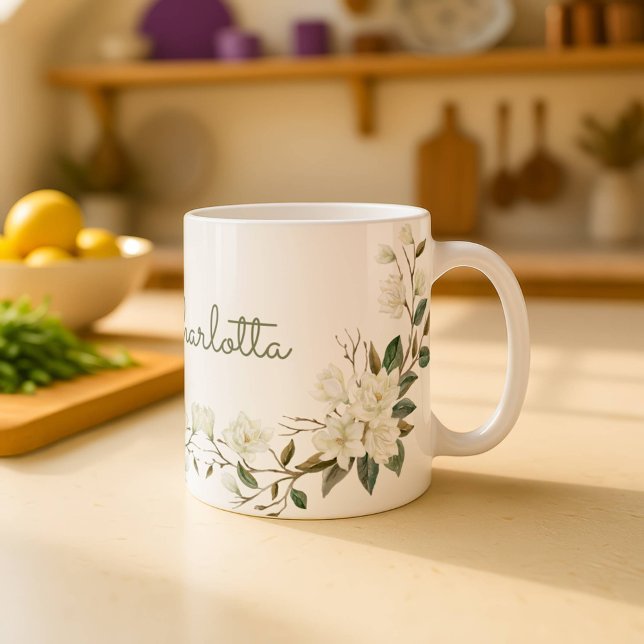 Personalized White Floral Mug, Elegant Custom Name Coffee Mug (Creator Uploaded)