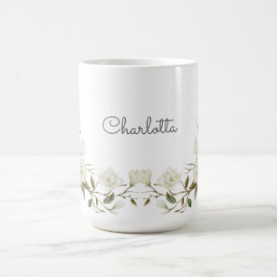 Personalized White Floral Mug, Elegant Custom Name Coffee Mug