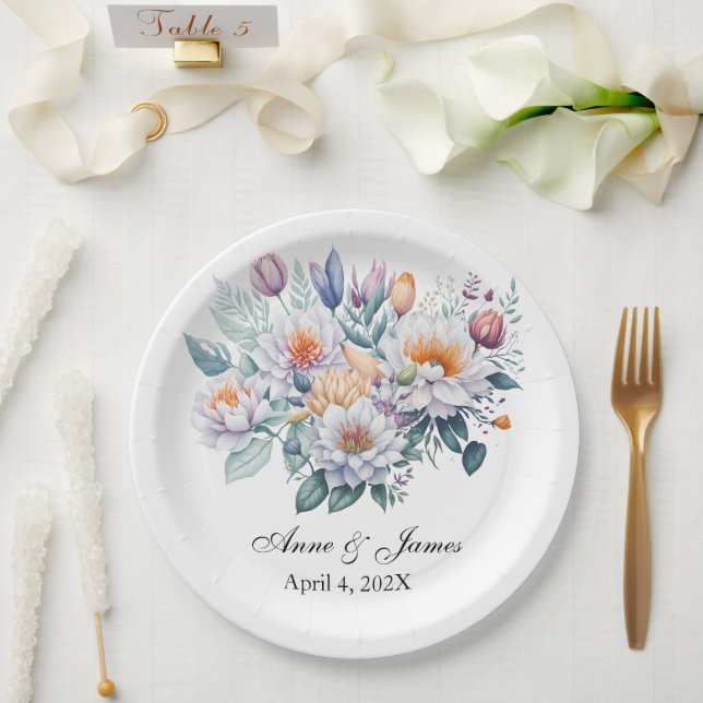 Personalized White Floral  Paper Plate (Wedding)