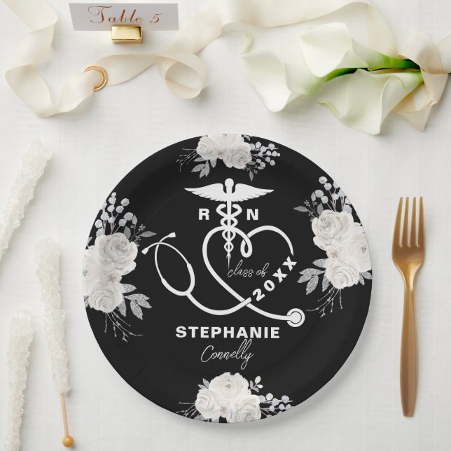 Personalized White Floral RN Nursing School Grad Paper Plate (Wedding)