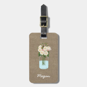 Personalized White Flower Mason Jar on Burlap Luggage Tag