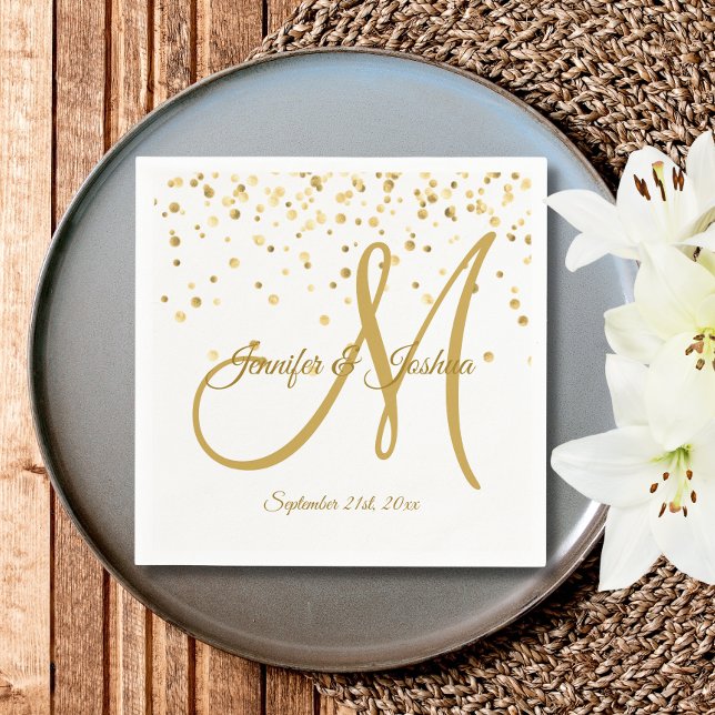 Personalized White Gold Confetti MONOGRAM Wedding Napkin (Creator Uploaded)
