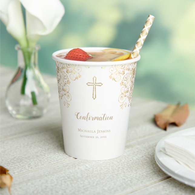 Personalized White Gold Cross Confirmation  Paper Cups (Insitu)