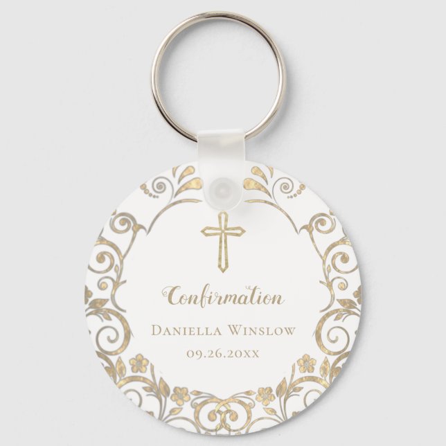Personalized  White Gold Cross Girls Confirmation Keychain (Front)