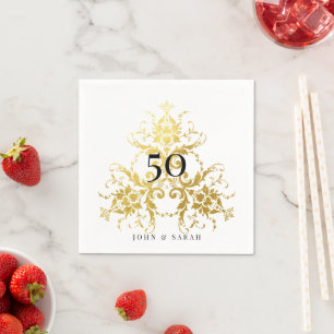 Personalized White & Gold Damask 50th Anniversary  Napkin