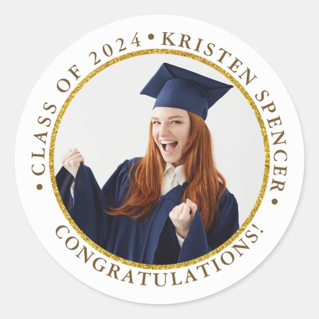 Personalized White Gold Graduate Photo Graduation Classic Round Sticker (Front)