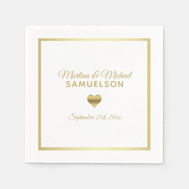 Personalized White Gold Heart Frame Wedding Napkin (Front)