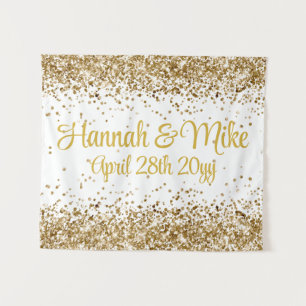 Personalized White Gold Wedding Photo Booth Prop Tapestry