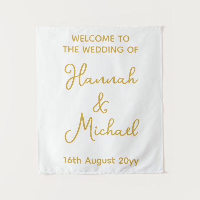 Personalized White Gold Welcome to Wedding Fabric Tapestry (Front)