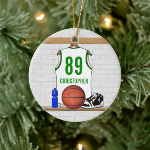Personalized White Green Basketball Jersey Ceramic Ornament