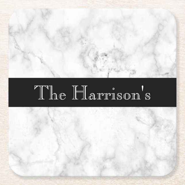 Personalized White Grey and Black Marble Square Paper Coaster (Front)