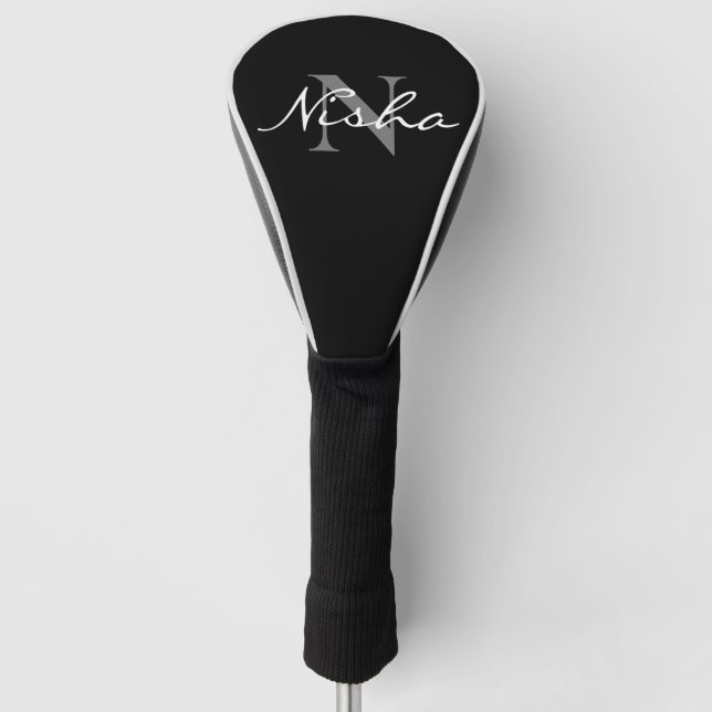 Personalized White Grey Monogram Name Black   Golf Head Cover (Front)