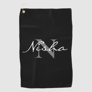 Personalized White Grey Monogram Name Black Golf Towel