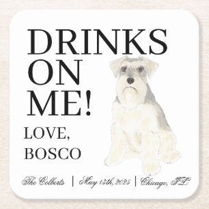 Personalized White Grey Schnauzer Dog Wedding Square Paper Coaster