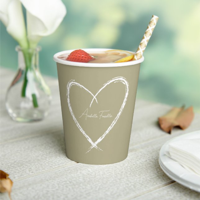 Personalized White Heart Bridal Shower Sage Green Paper Cups (Insitu)