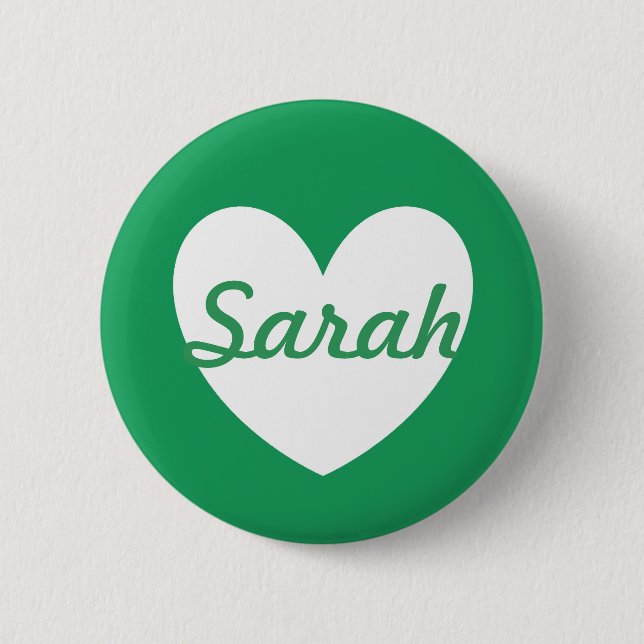 Personalized White heart on Kelly green 2 Inch Round Button (Front)