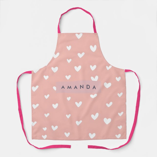 Personalized White Heart Pattern on Blush  Apron (Front)
