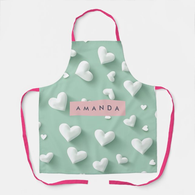 Personalized White Heart Pattern on Mint Apron (Front)