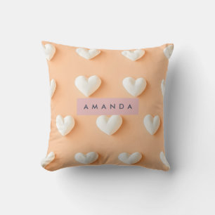 Personalized White Heart Pattern on Peach Throw Pillow