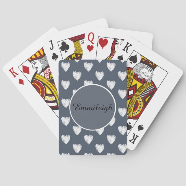 Personalized White Hearts Navy Blue Playing Cards (Back)