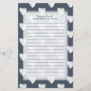 Personalized White Hearts on Navy Blue Stationery
