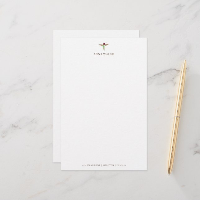 Personalized White Hummingbird Stationery (Front/Back In Situ)